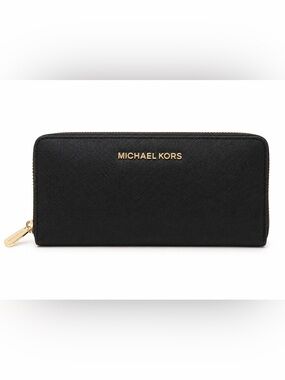 Michael Kors Black Saffiano Zip Around Wallet Gold Hardware 9x4